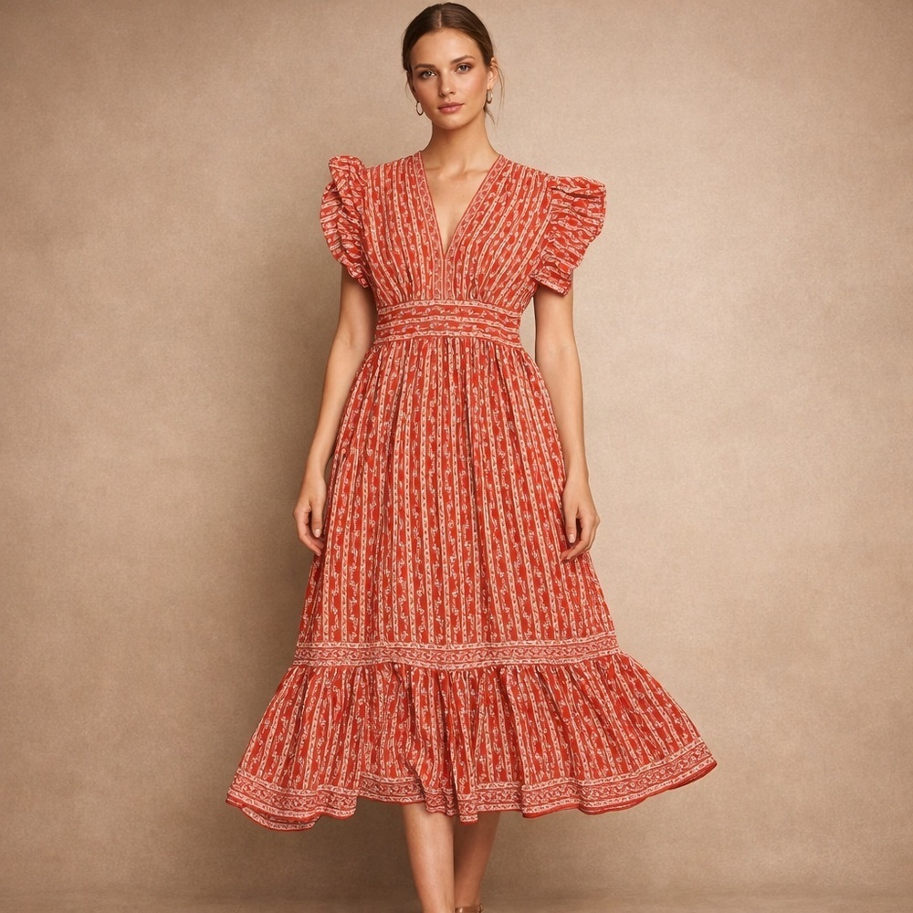 Max Studio Red Floral Puff Sleeve Tiered Midi Boho Summer Dress Size L